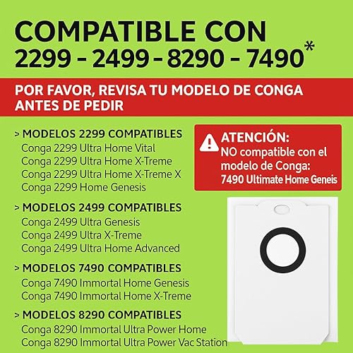 MIRTUX Lot de 5 sacs de 3 L pour Conga 8290, 2299, 2499 et 7490 * | Sac auto-vidage pour robot aspirateur Cecotec | Pièces de rechange base automatique Conga Ultra Home, Ultra Genesis, Immortal - Nail Gallerys