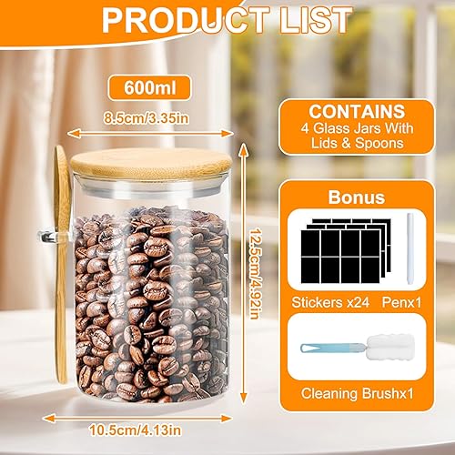 Feelhap Bocal en Verre, Lot de 4 Bocaux de Conservation en Verre avec Hermétique Couvercle et Cuillère 600 ml Pot en Verre, Overnight Oats Jar, Bocaux Rangement Cuisine pour Épices Thé Grains de Café - Nail Gallerys