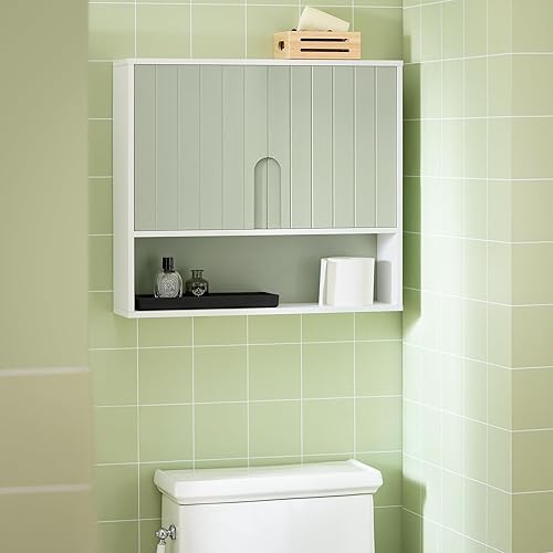 SoBuy Armoire Murale, Placard de Rangement, Meuble de Rangement Suspendu Salle de Bain, Meuble Haut avec 2 Portes, Étagère Réglable et Étagère Ouverte, 60x15x54 cm, Blanc et Vert, BZR140-GR - Nail Gallerys
