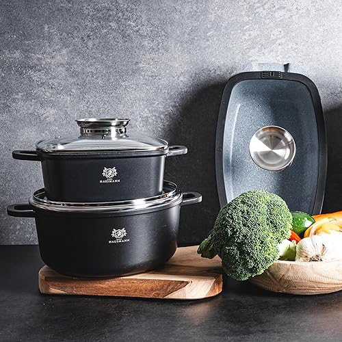 Marmite à soupe avec couvercle en verre, convient pour tous les types de cuisinières, y compris l'induction, revêtement anti-adhésif, revêtement en granit GREBLON C3+, 4,4 litres/Ø 24 cm - Nail Gallerys