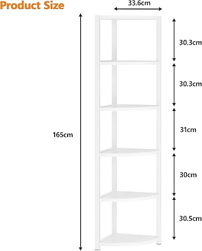 SogesHome Étagère d'angle à 6 Niveaux, Bibliothèque sur Pied pour Coin Étagère de Rangement Industrielle pour Cuisine, Salon, Chambre à Coucher, 34 x 34 x 165 cm, Blanc - Nail Gallerys