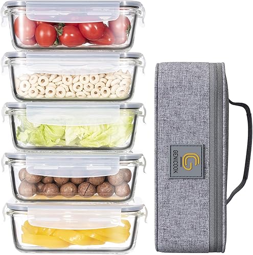 GENICOOK Lunchbox Boîte à lunch bento avec sac à lunch/bocaux en verre parfait pour la préparation des repas (5 * 840 ml) - Nail Gallerys