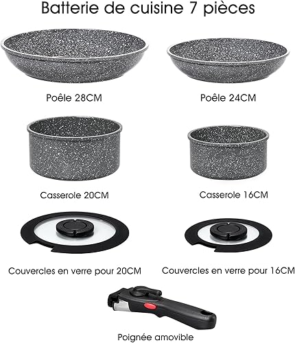 ROSSETTO Set de 7 casserole induction avec poignée amovible et revêtement anti-adhésif en céramique, empilable forged aluminium set de casseroles avec couvercle en verre, poêle à frire, casserole - Nail Gallerys