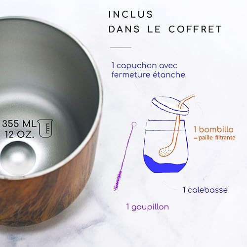 Kit Calebasse Yerba Maté | Tasse isotherme + Paille Bombilla traditionnelle + Couvercle type thermos | Gourde Idéale pour boire le Maté chaud | Double paroi en acier inoxydable (Marbre) - Nail Gallerys