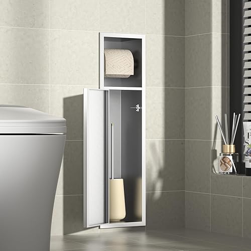 Bernkot Porte-papier toilette encastré en acier inoxydable avec porte coulissante - Armoire de salle de bain avec porte-papier toilette pour brosse WC - Argenté - 66 x 18 x 15 cm - Nail Gallerys