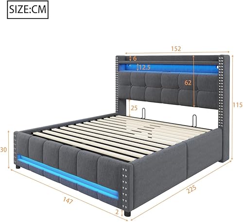 Zubaliya Lit Coffre 160x200 avec éclairage LED et Prise USB,lit 160x200 avec sommier à Lattes et tête de lit,Cadre Adulte avec étagères,lit 2 Personnes avec Rangement,Tissu en Lin - Nail Gallerys