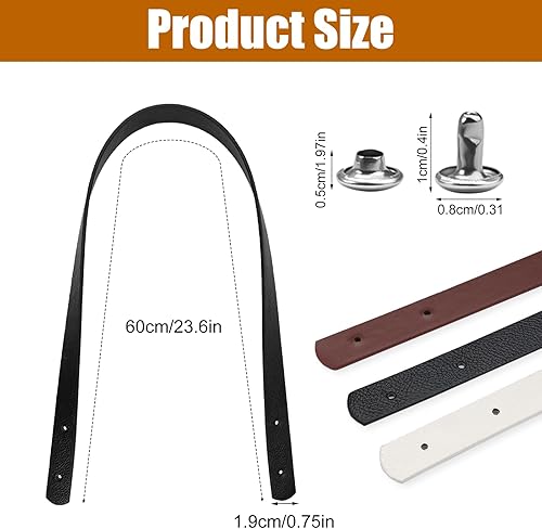 3 Paires Bandoulières en PU, 3 Couleurs Anses de Sac en Cuir Synthétique, 60 cm Remplacement Poignée de Sac Main, Avec 24 Clous Amovibles, pour Remplacer Les Sangles des Sacs a Main(Noir+Marron+Blanc) - Nail Gallerys