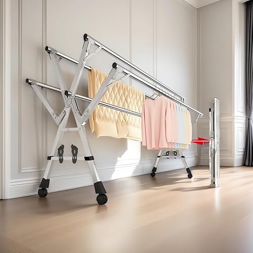 BAOFI Séchoir à linge pliable à 5 barres en acier inoxydable - Hauteur réglable (150 à 240 cm) avec roulettes et supports à chaussures pour l'intérieur et l'extérieur - Nail Gallerys