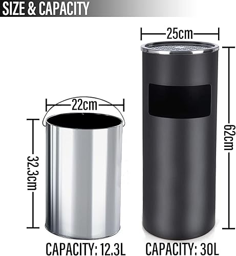 Cendrier sur pied pour l'extérieur, avec poubelle, seau intérieur, 30 l, 25 x 61 cm, noir - Nail Gallerys