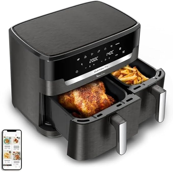 Moulinex Dual Easy Fry & Grill XXL Friteuse sans huile, Capacité 11 L, cuisson synchronisée, 7 programmes automatiques, Écran tactile, air fryer EZ942HF0 - Nail Gallerys