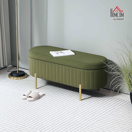 HOMCOM 72L Banc de Rangement Ovale avec Couvercle relevable et Design Fendu, Banc Moderne en Tissu Effet Velours et Bois de pin, 108x44x43.5 cm, Vert - Nail Gallerys