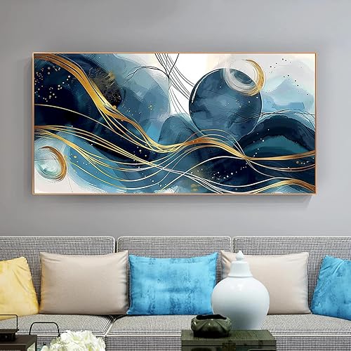 LSYALUCK Art mural sur toile - Peintures d'art abstrait - Bleu fantastique - Graffiti coloré - Illustration moderne pour salon, bureau, chambre à coucher - 90 x 185 cm - Avec cadre doré - Nail Gallerys