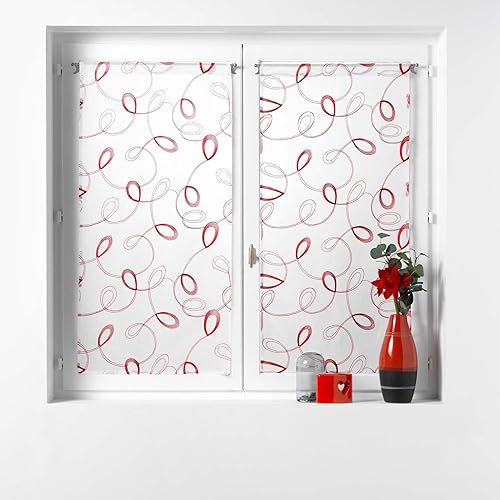 Douceur d'Intérieur, Paire de Voilages Passe-Tringle (2 x 60 x 90 cm) Hoops Rouge, Voile Sablé Brodé - Nail Gallerys