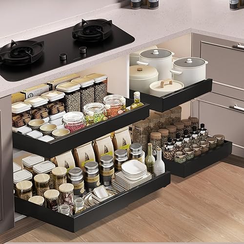 2 PCS Tiroir Coulissant, Bac Coulissant Placard Cuisine, Organisateur D'Armoires De Cuisine Pour Armoires de Cuisine, Organisateur de Tiroirs, avec nanofilm adhésif, Aucun PerçAge, Noir, (32cm à 51cm) - Nail Gallerys