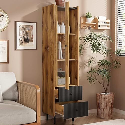 KOMHTOM Buffet de Salon avec LED Vitrine pour Collection avec Portes en Verre et 2 tiroirs, Buffet de Salle à Manger Meubles d'entrée Meuble Haute (44 x 40 x 180cm) - Nail Gallerys