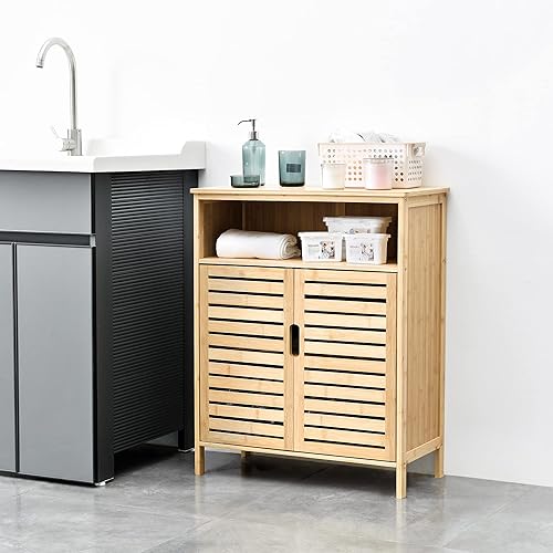 [en.casa] Meuble de Rangement sur Pied à 2 Portes et Compartiments Fermés et Ouvert pour Salle de Bain Meuble à Chaussures Polyvalent pour Entrée Bambou 81 x 66 x 31 cm Naturel - Nail Gallerys