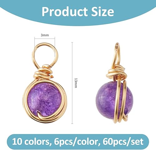 SUPERFINDINGS 60Pcs 10Couleurs Pendentifs en Pierre Naturelle Breloques Ronds Charms en Cristal de Quartz Charms en Pierres précieuses Pendentifs en Fil de cuivre doré pour Bracelets - Nail Gallerys
