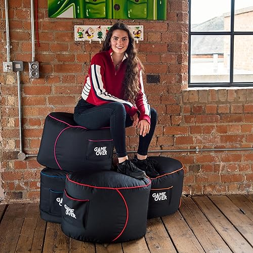 Game Over Repose Pied Pouf De Jeu | Repose Jambes De Salle De Séjour Intérieure | Poches Latérales pour Les Manettes | Faite pour Durer | Conception Ergonomique (Cramoisi électrique) - Nail Gallerys