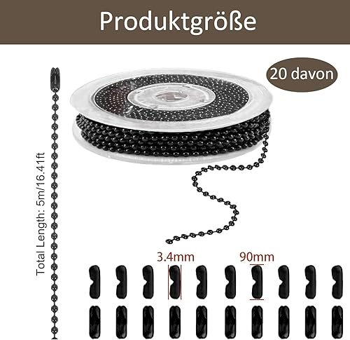 Chaîne à billes en acier inoxydable - Avec 20 connecteurs de chaîne à billes - Élégante et polyvalente - 2 mm - Noir - Chaîne d'extension en acier inoxydable pour colliers, bracelets, porte-clés (5 m) - Nail Gallerys