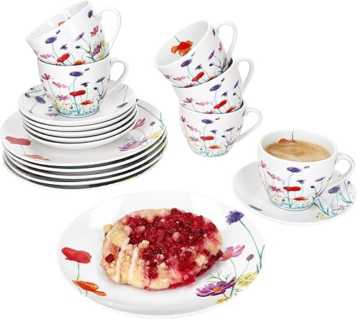 MamboCat Marie Service à café 18 pièces I Vaisselle en porcelaine avec décor prairie florale pour 6 personnes I 6 tasses de 190 ml, soucoupes et assiettes pour petit-déjeuner et café - Nail Gallerys