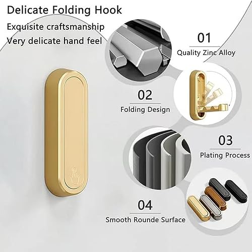 4PCS Gold Foldable Wall Hooks,Gold Zinc Alloy Folding Wall Hooks,Foldable Coat Hooks, Invisible Folding Retractable Wall Hooks,for Hanging Coats, Scarves, Hats, Bathrobes, Keys, Bags (Glod,4pcs) - Nail Gallerys