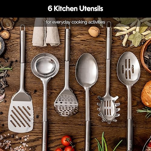 Axer Set d'Ustensiles de Cuisine en Nylon avec Support Rotatif & Système Surélevé - Set Multicolore de 6 Outils de Cuisson - une Cuillère, une Louche, un Ecumoire, une Spatule & un Serveur de Pâtes - Nail Gallerys
