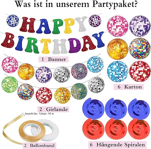 Lot de 8 guirlandes décoratives d'anniversaire disco - Bannière Happy Birthday colorée et boule à facettes à suspendre - Spirales à paillettes pour décoration d'anniversaire des années 70, 80, 90 - Nail Gallerys