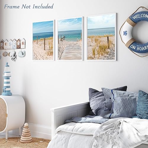 Dazzlewall Lot de 3 Art Mural en Toile de Plage Impression Bleu Ciel Mer, Décoration Murale de Plage pour Salle de Bain Chambre 30x40 cm Sans Cadre - Nail Gallerys