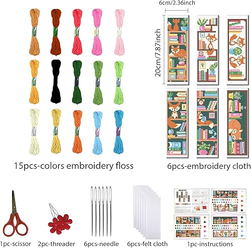 FREEBLOSS 6 ensemble de Kits de Marque Pages au Point de Croix Motif de Bibliothèque Fox Kit de Broderie Estampé Marque Pages à Broder Marque Pages à Faire Soi Même Kits 8''X2.4'' - Nail Gallerys