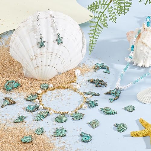 PH PandaHall 64Pcs 16 Styles Breloque Thème Océan Breloques Vie Marine en Vrac Bronze Antique Couleur Turquoise Breloques Poisson pour Collier Bracelet Boucle D'Oreille Bijoux - Nail Gallerys