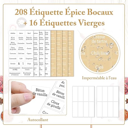 VEGCOO 208 Pcs Étiquettes Épices Français Bocaux Autocollants Adhésives, Etiquette Epices pour Bocaux de Produits Alimentaires, Étiquettes Épices pour Cuisine Pots de Confiture Bouteille de Rangement - Nail Gallerys