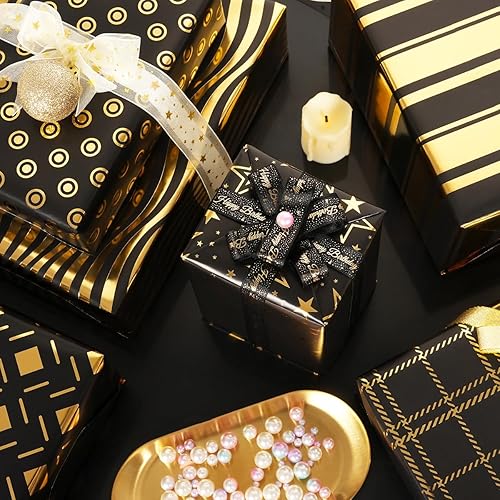 Lot de 6 rouleaux de papier cadeau d'anniversaire - Noir et doré - Pour enfants et adultes - Pour anniversaire, Saint-Valentin, mariage, baby shower, 50 x 70 cm - Nail Gallerys