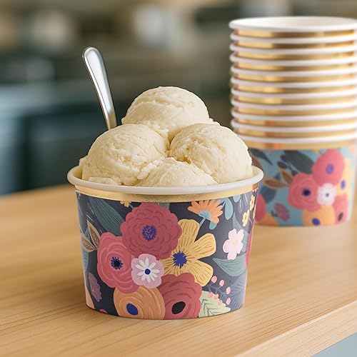 Lot de 50 Pots Glace 266 ml et Coupelles Jetables – Bols en Papier avec Motif Floral et Bord Doré – Pot à Glace Jetable, Coupelle Jetable Chaud/Froid pour Fêtes, Mariages, Desserts et Soupes - Nail Gallerys