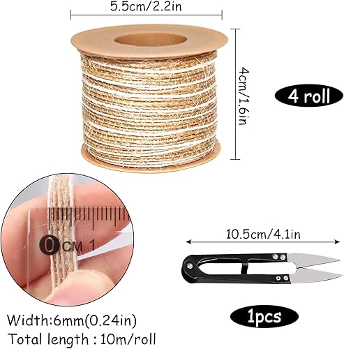 Ruban Toile de Jute 4 Rouleaux de Cravates en Toile de Jute 10m x 5mm Rubans Cadeaux Vintage Soie Naturelle De Poisson et Rubans Tissés en Lin pour Bricolage Mariage Fête de Noël Emballages Cadeaux - Nail Gallerys