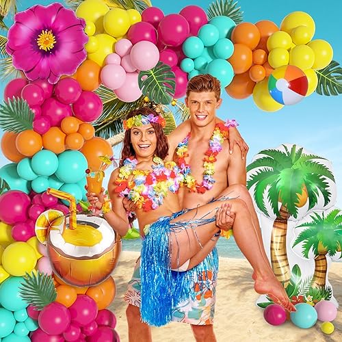 188Pcs Tropical Ballon de Plage Décoration Palmier Gonflable Fleur Flamant Rose Vif ALOHA Ananas Aluminium Ballons pour Pool Summer Party Decoration Déco Hawaienne Anniversaire Fille Deco Hawai Fête - Nail Gallerys