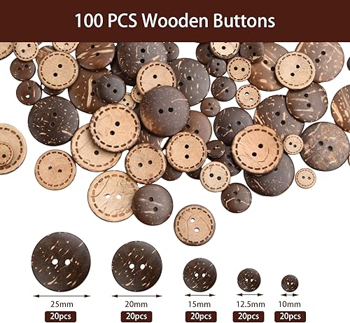 Dokeno Boutons de Noix de Coco Naturelle, 100Pcs Marron Boutons de Couture de Coquille 5 Tailles, Bouton en Bois Boutons Ronds 2 Trous pour Vêtement Artisanat Bricolage - Nail Gallerys