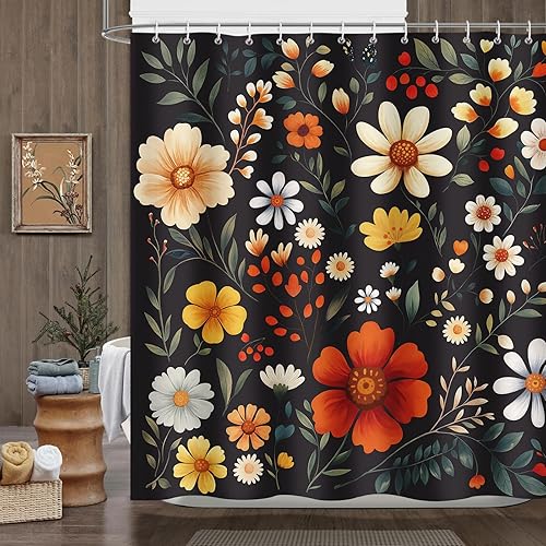 Dazzlewall Rideau de Douche Fleurs Noires Vintage 180x180cm, Rideau de Bain Style Ferme Campagnarde, Polyester Imperméable Anti-Moisissures avec 12 Crochets - Nail Gallerys