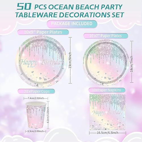 CANCJ Lot de 50 pièces de vaisselle de fête sur le thème de la mer pour 10 invités - Assiettes en carton de 22,4 cm - Tasses - Serviettes - Vaisselle jetable pour fête sous-marine - Pour garçons et - Nail Gallerys
