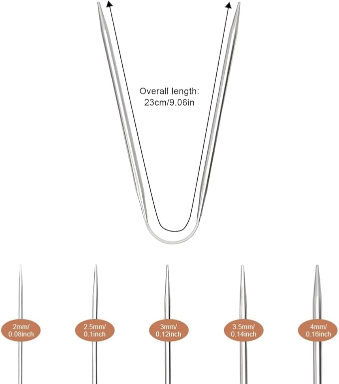 Lot de 15 aiguilles à tricoter circulaires en acier inoxydable (23 cm) - Aiguilles à double tête en 2 mm/2,5 mm/3 mm/3,5 mm/4 mm pour projets de tricot tels que chaussettes, gants et bonnets - Nail Gallerys