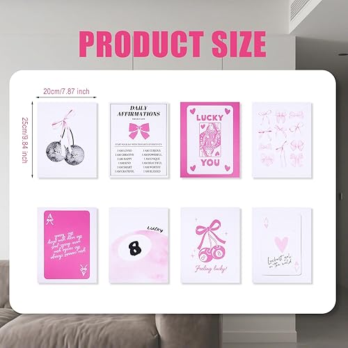 Tinoaly 8pcs Impressions d'Art Mural Coquette, 25 x 20 cm Affiches Murales Preppy Sans Cadre Décoration de Chambre Esthétique et Coquette Décoration de Chambre avec Nœud Rose pour Dortoir (8 Styles) - Nail Gallerys