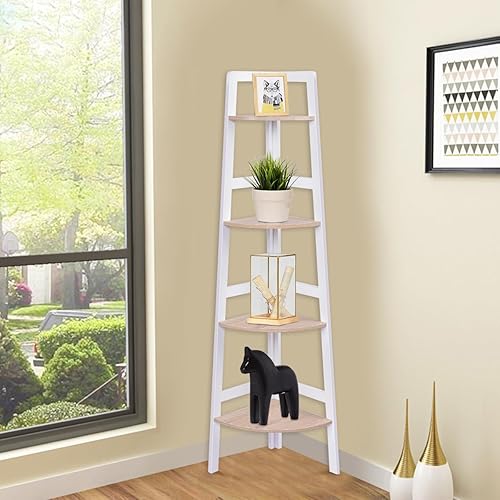 HOMASIS Étagère d'angle ouverte à 4 niveaux décorative en bois pour salon, salle de bain, balcon, rangement pour plantes, blanc et naturel - Nail Gallerys