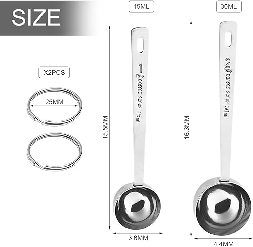 Lot de 2 Cuillères Doseuses à Café en Acier Inoxydable - Porte-clés, Long Manche, Tête Ronde - Cuillères à Mesurer de Cuisine - Nail Gallerys