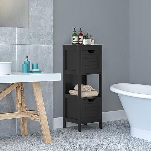 COSTWAY Meuble de Salle de Bain avec 2 Tiroirs Amovibles, Commode de Salle de Bain en Bois avec Etagère Ouverte, pour Salon,Cuisine, Chambre, 30 x 30 x 89 cm (Gris) - Nail Gallerys