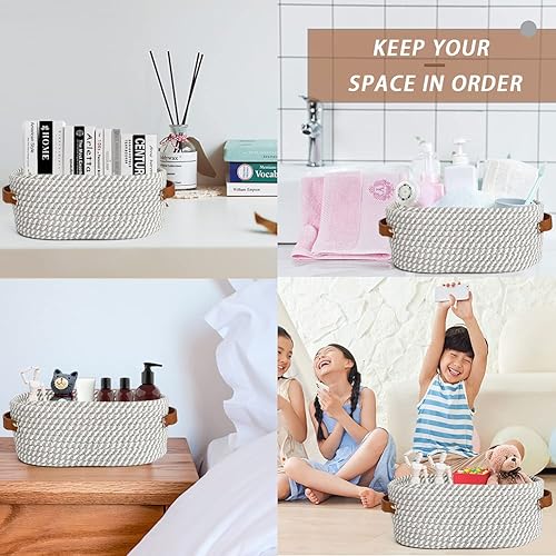 Bestcool 2Pcs Panier de Rangement en Corde Tissée Ensemble Paniers de Rangement Pliable avec Poignées pour Placards Tiroir Placard Étagère Commode Blanc et Gris (2 Tailles) - Nail Gallerys