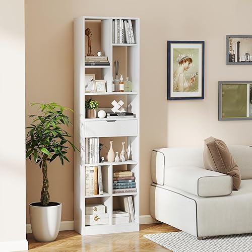 COSTWAY Bibliothèque 180 cm avec Tiroir, Etagère Moderne à 10 Compartiments Ouverts, Bibliothèque de Cloison Meuble de Rangement Anti-Basculement, pour Salon, Chambre, Bureau, Blanc - Nail Gallerys