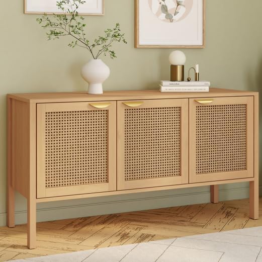 IDMarket - Buffet Bas 110 cm EDHEN 3 Portes Bois et cannage - Nail Gallerys