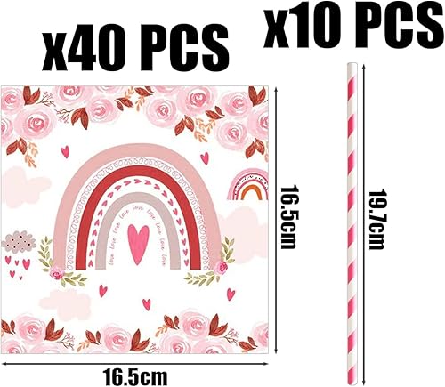 40 Fleurs De Serviette, 10 Pailles Rayées, Serviettes De Décoration De Table De Baptême, Accessoires De Serviettes De Décoration De Fête, Serviettes Décoratives Roses - Nail Gallerys