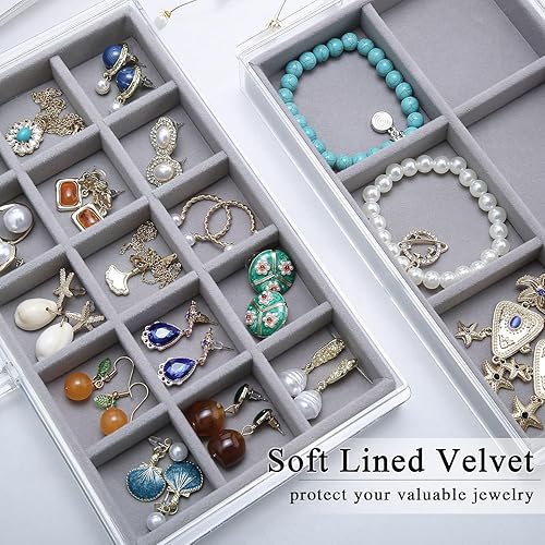 Jinavoty Boîte d'organisation de bijoux en acrylique avec plateaux en velours, organisateur de rangement transparent pour boucles d'oreilles, bagues, bracelets, colliers (beige, 3 tiroirs) - Nail Gallerys