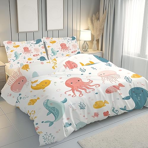 LLponhg Housse de Couette 90x190 Baleine Parure de Lit avec 1 Taies d'oreiller 65x65cm Coraux Océaniques Housse de Couette Douce et Respirante Chambres de Filles et Garçons Décor - Nail Gallerys