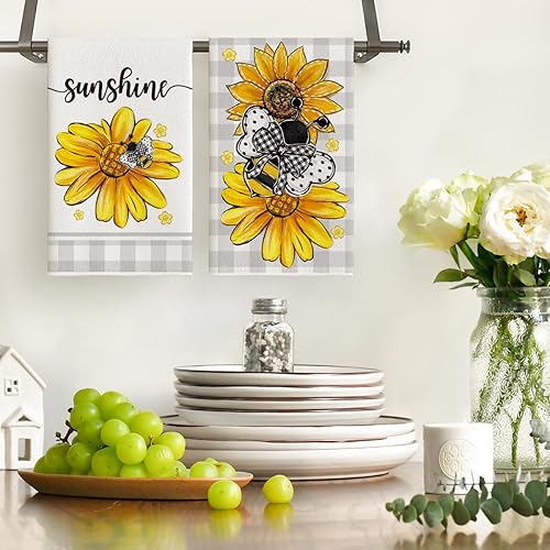 Artoid Mode Lot de 2 torchons de cuisine, en polyester, motif à carreaux, tournesols, abeilles, printemps, 42 x 65 cm, pour décoration d'été - Nail Gallerys